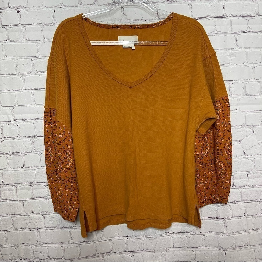 Anthropology Waffle Knit Embellished Sleeve V-Neck Top XS